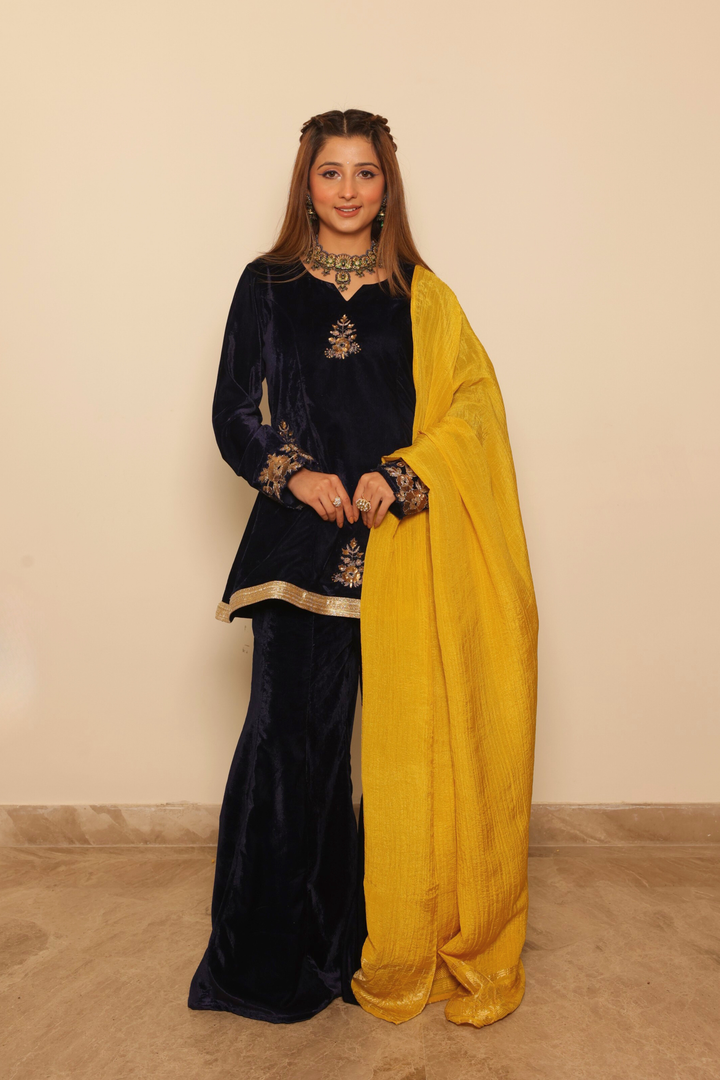 Rajwada Navy Embroidered Velvet Set