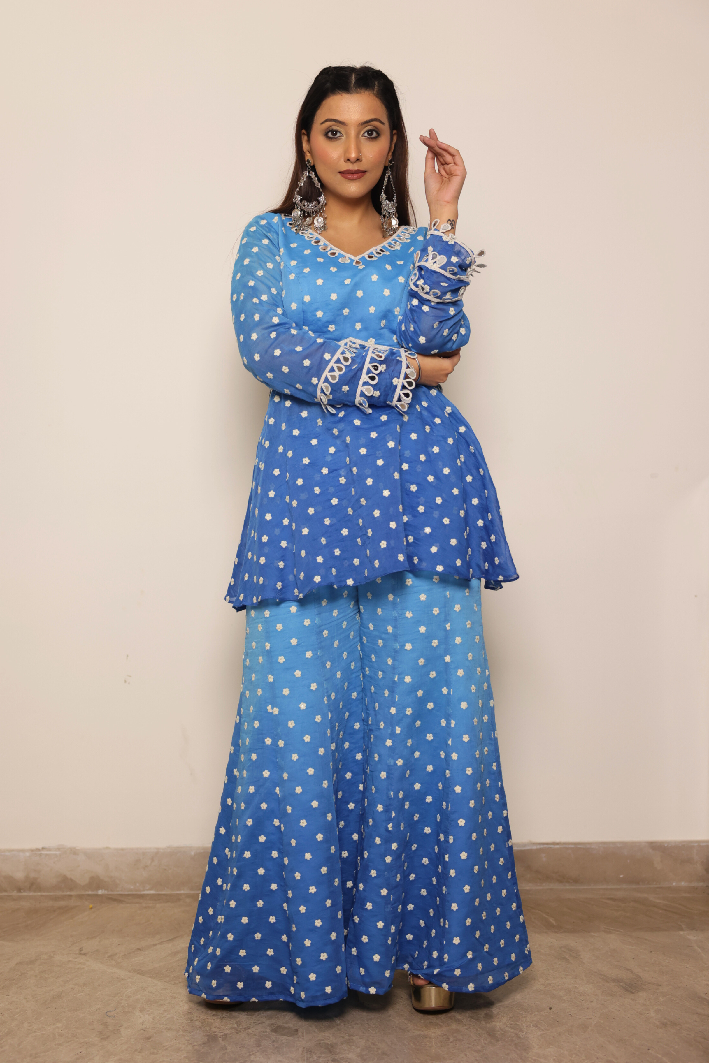 Blue Chanderi Top with Boot Cut Pants