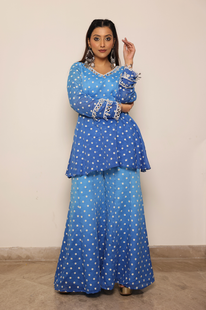 Blue Chanderi Top with Boot Cut Pants
