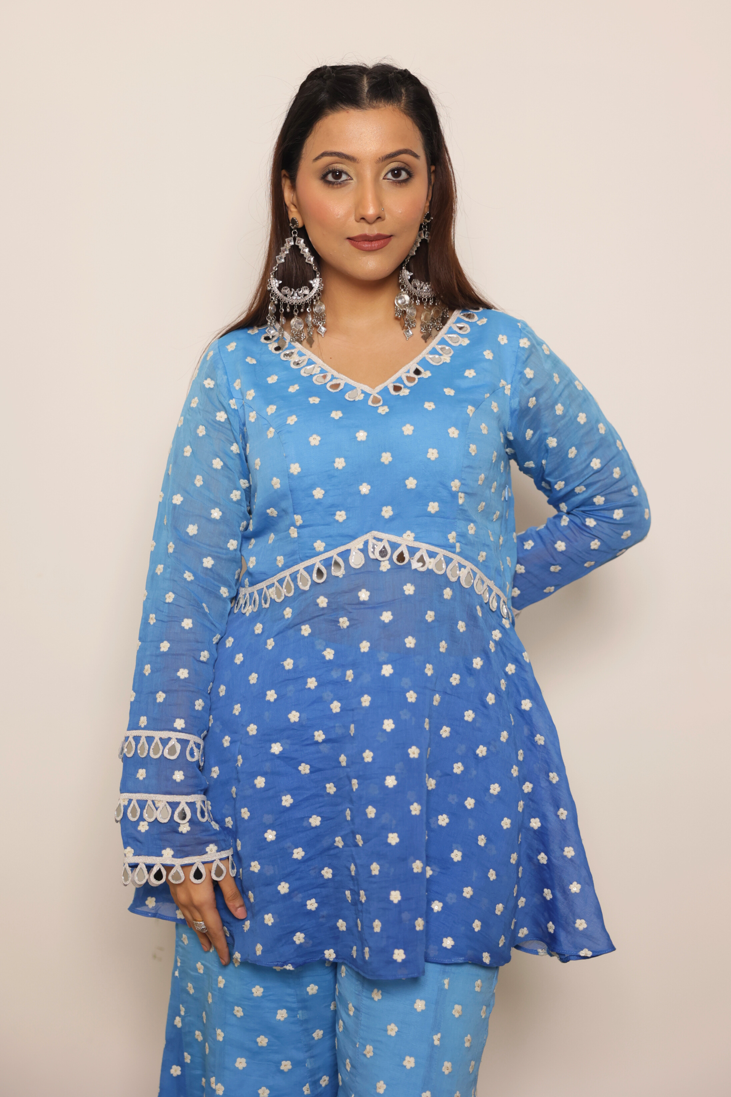 Blue Chanderi Top with Boot Cut Pants