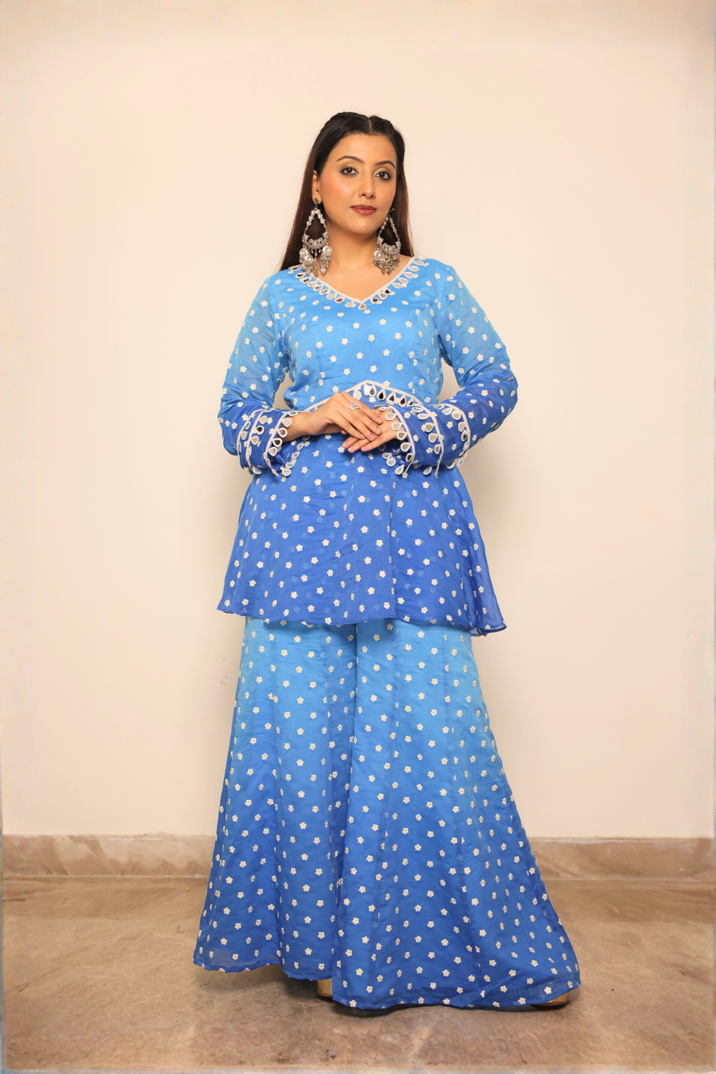 Blue Chanderi Top with Boot Cut Pants