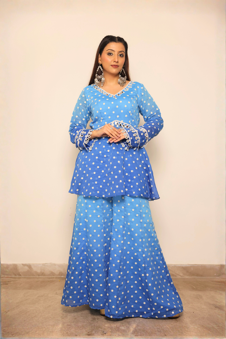 Blue Chanderi Top with Boot Cut Pants